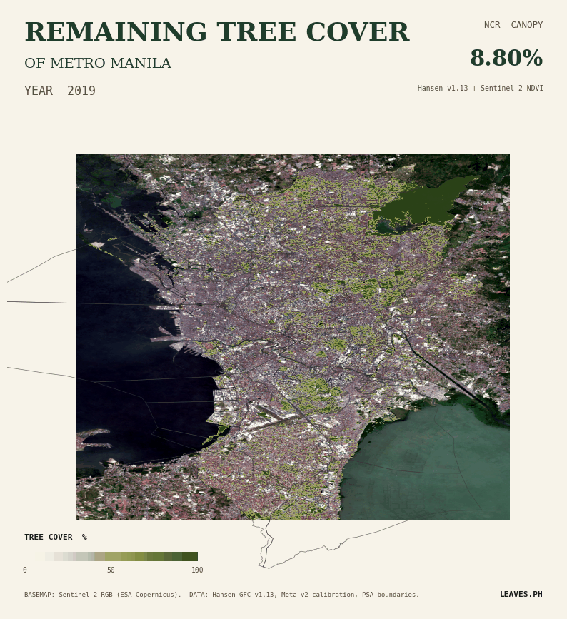 Sentinel-2 RGB satellite basemap of Metro Manila with remaining tree-cover density overlay, animated 2019 to 2026. The basemap cycles each epoch; the green density layer shows where canopy persists.